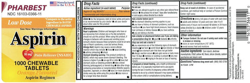 Aspirin 81mg Chewable Orange Tablets, 1000 Count Per Bottle