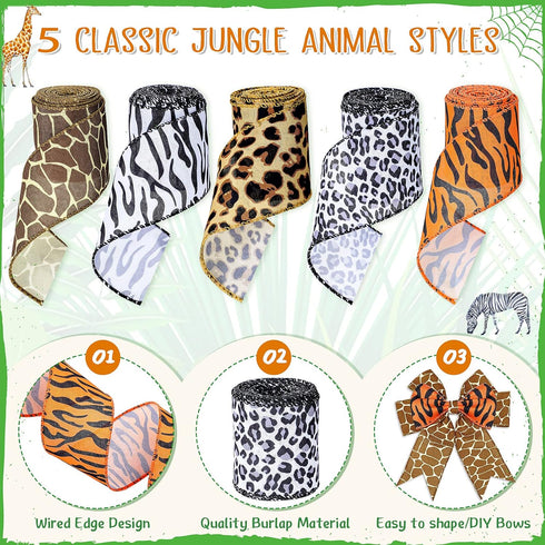 5 Rolls Jungle Animal Wired Ribbons 2.5 Inch for Safari Party Decorations, Burlap Wrapping, DIY Craft
