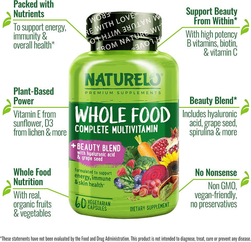 NATURELO Whole Food Multivitamin with Extra Hair, Skin and Nails Support - 60 Vegan Capsules