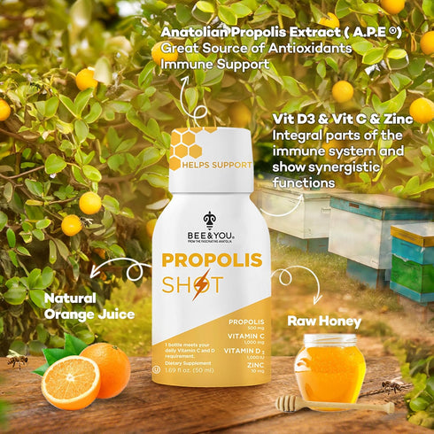 BEE and You Immune Support Propolis Shot Supplement, 12 Bottles with Antioxidants and Vitamin C