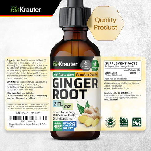 Ginger Root Tincture - Organic Ginger Root Extract - Natural Supplements for Overall Wellness - Vegan Drops 2 Fl.Oz.