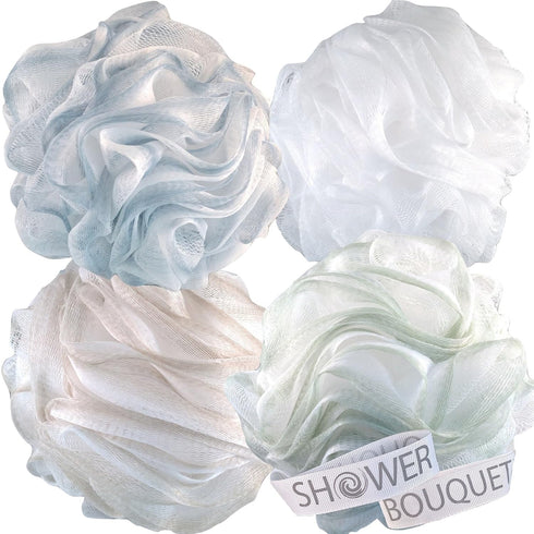SHOWER BOUQUET XL Soft-Pastel-Colors Loofah-Bath-Sponge 4-Pack, Extra-Large 75g Mesh Luffa Set for Exfoliating