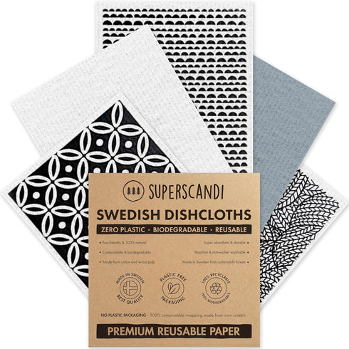 SUPERSCANDI 5 Pack Swedish Dishcloths for Kitchen - 100% Biodegradable, Reusable Paper Towels, Scandi White
