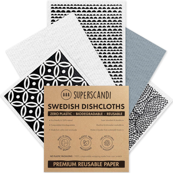 SUPERSCANDI 5 Pack Swedish Dishcloths for Kitchen - 100% Biodegradable, Reusable Paper Towels, Scandi White