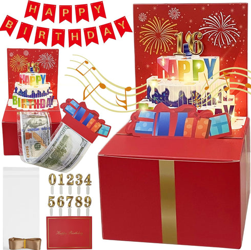 JINSTABAG Birthday Money Box for Cash Gift, Money Pull Box with Music Light