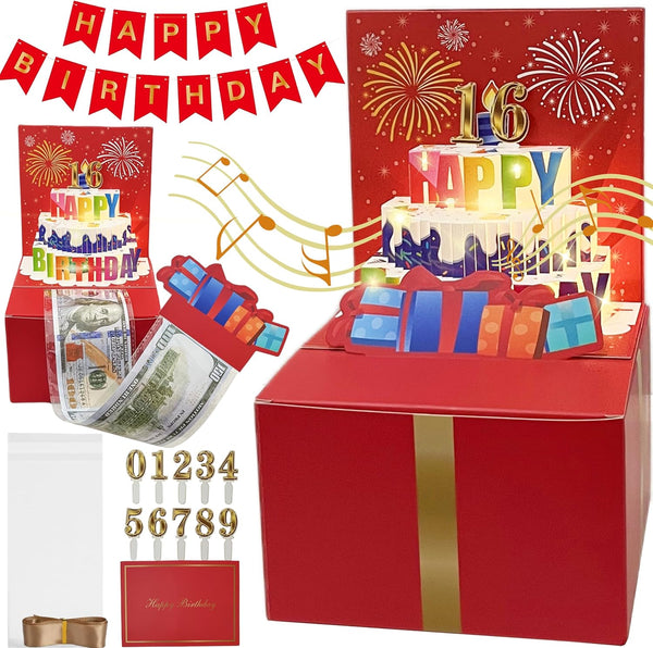 JINSTABAG Birthday Money Box for Cash Gift, Money Pull Box with Music Light