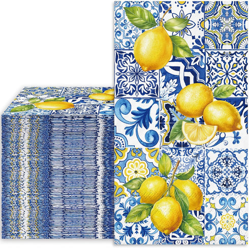 80Pcs Blue Yellow Lemons Paper Guest Napkins, 3 Ply Disposable Dinner Hand Napkin Towel for Party Supplies