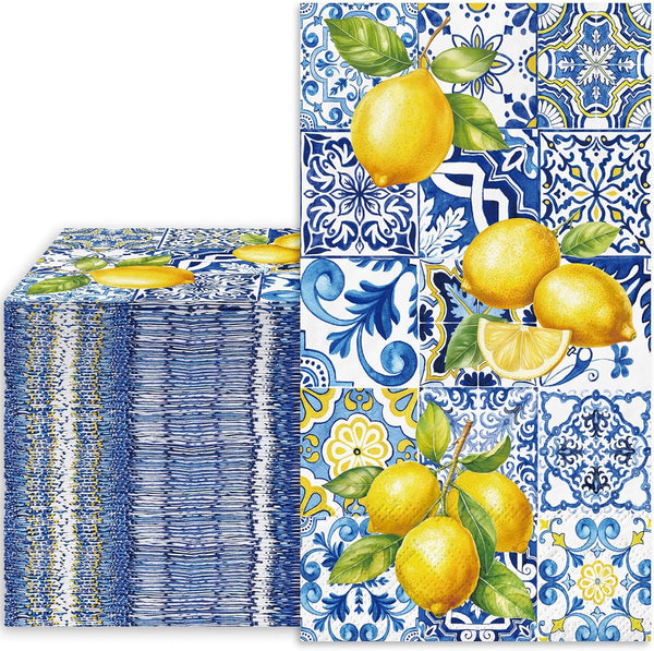 80Pcs Blue Yellow Lemons Paper Guest Napkins, 3 Ply Disposable Dinner Hand Napkin Towel for Party Supplies