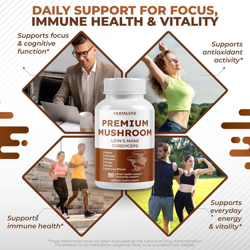 NURAFUSE 10-in-1 (150 Count (Pack 1)) Organic Mushroom Formula - with Lion's Mane, Cordyceps Reishi, Shiitake, Maitake