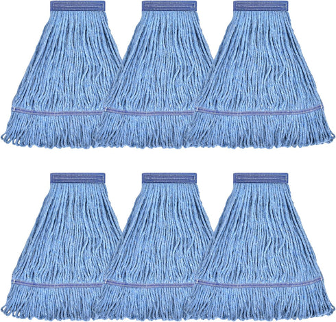 Matthew Cleaning Heavy Duty Mop Head Replacement, Blue Cotton Looped End String Head Refill, Pack of 6