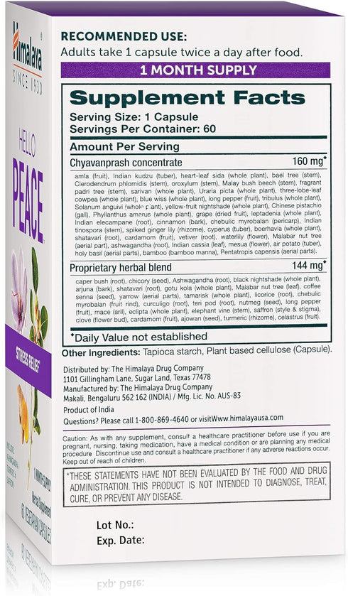 Himalaya Hello Peace Daily Stress Relief Herbal Supplement, Ashwagandha, Turmeric, Saffron, 60 Capsules