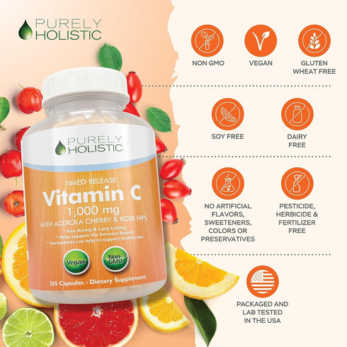 Purely Holistic Vitamin C 1000mg - 365 Capsules, 12 Month Supply, Timed Release with Rosehip & Acerola Cherry
