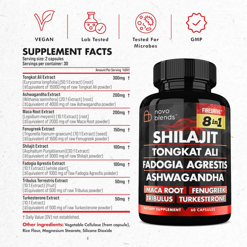 Novo Blends 3000mg 15,000mg 1000mg 2000mg 4000mg 1500mg 500mg 500mg, 8-in-1 Shilajit Tongkat Ali Fadogia Agrestis Maca