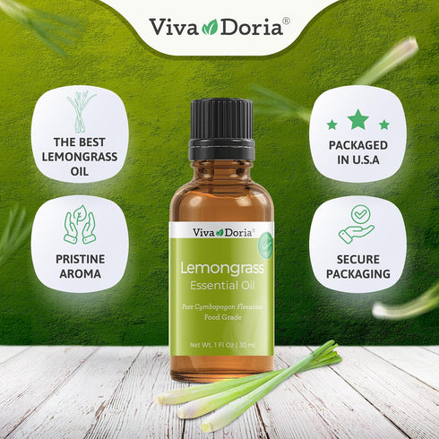 Viva Doria 100% Pure Lemongrass Essential Oil, Undiluted, Food Grade, Guatemalan Lemongrass Oil 30 mL (1 Fl Oz)