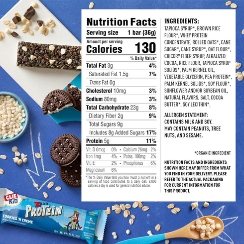 Zbar Protein - Cookies 'n Creme, Crispy Whole Grain Snack Bars with Organic Oats, 5g Protein, 1.27 oz. (15 Pack)