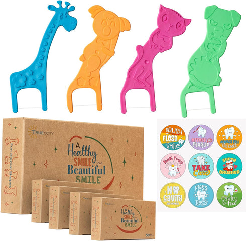 Biodegradable Kids Flossers - 200 Pack, Natural Fluoride Free Organic Animal Dental Floss Picks for Kids (Mild Orange)