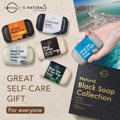 O NATURALS 100% Natural Bar Soap Gift Set, Organic Ingredients & Essential Oils, 6PC Black Soap Collection