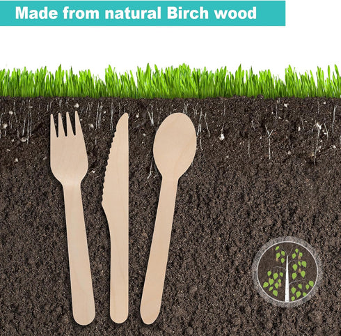 (500 Count) 100% Compostable Wooden Cutlery Set - 200 Wood Spoons, 200 Forks, 100 Knives, Eco-Friendly Disposable