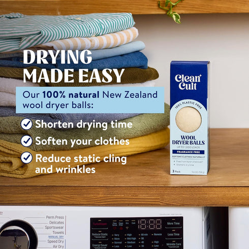 Cleancult Wool Dryer Balls (3 Count) - 100% New Zealand Wool, Biodegradable, Shorten Dry Times, Lasts up to 1000 Loads