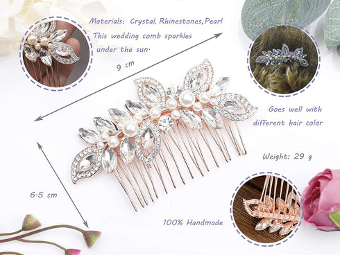 Kercisbeauty Wedding Bridal Rhinestone Crystal Leaf Hair Comb - Rose Gold Slide for Bridesmaids, Prom, Bun Hair