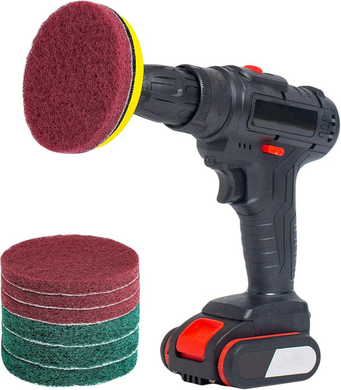 SCRUBIT Heavy Duty Drill Brush Power Scouring Pads, Household Cleaning Kit Includes Drill Attachment, 3 Red, 3 Stiff