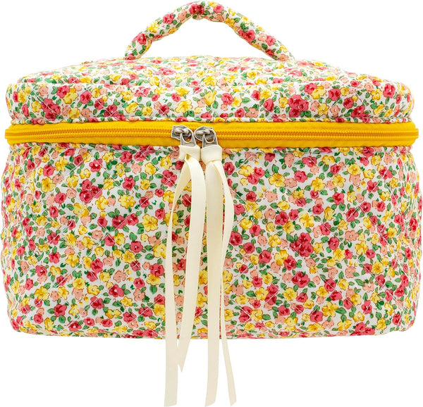 PAZIMIIK Cotton Makeup Bag for Women - Large Quilted Travel Cosmetic Case with Little Flower Design