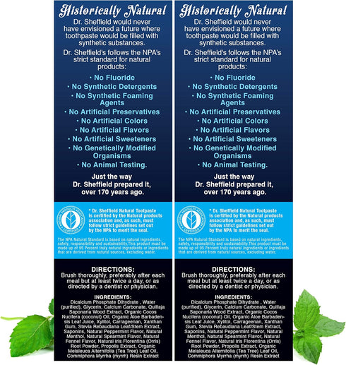 Dr. Sheffield’s Certified Natural Toothpaste (Peppermint) - Fluoride Free, 2-Pack