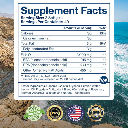 Pure Micronutrients Omega 3 Fish Oil Supplement, EPA/DHA Fatty Acids, 120 Softgels - Burpless with Lemon for Heart,