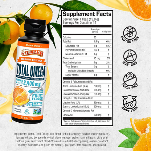 Barlean's Total Omega 3 6 9 Liquid Fish Oil Supplement with Borage and Flaxseed Oil, 2400 mg of Omegas - 8 oz