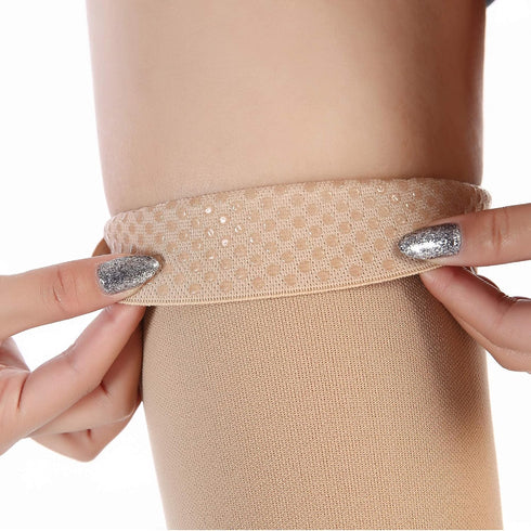 Leotruny Women Men 20-30 mmHg Support Open-Toe Thigh High Compression Stockings, C01-Beige, X-Large (1 Pair)