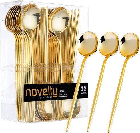 Novelty Modern Flatware, Disposable Plastic Soup Spoons, Luxury Gold Cutlery 32 Count