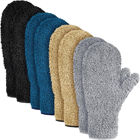 4 Pair Microfiber Dusting Mittens, Reusable Women Cleaning Mittens with Thumb for Kitchen, Black, Dark Blue, Khaki, Gray