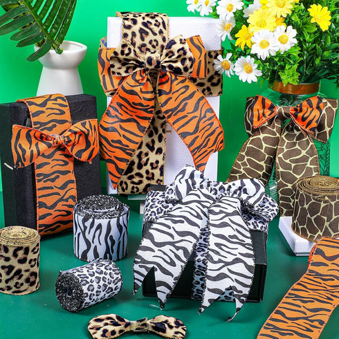 5 Rolls Jungle Animal Wired Ribbons 2.5 Inch for Safari Party Decorations, Burlap Wrapping, DIY Craft
