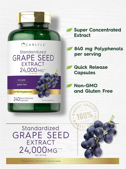 Carlyle Grape Seed Extract 24,000 mg Equivalent, 240 Capsules, Maximum Strength Standardized Extract