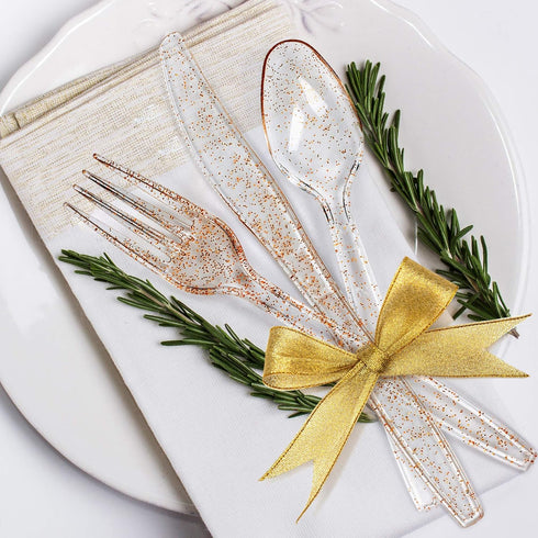 MATANA 150 pc Gold Plastic Silverware Set with Gold Glitter, Heavy Duty Clear Plastic Cutlery for Events