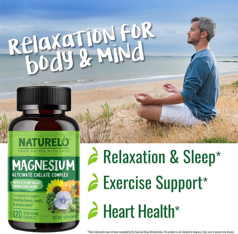 NATURELO Magnesium Glycinate Chelate Complex, 200 mg with Organic Vegetables for Sleep and Stress Relief