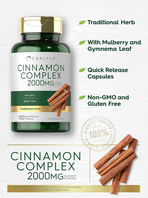 Carlyle Ceylon Cinnamon Complex with Gymnema and Mulberry | 150 Capsules - Non-GMO, Gluten Free Supplement