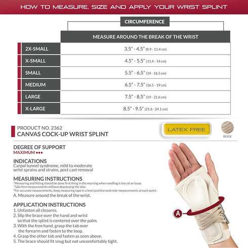 OTC Wrist Splint, Medium Right Hand, Canvas, Prop-Up Lacing for Carpal Tunnel Relief, White