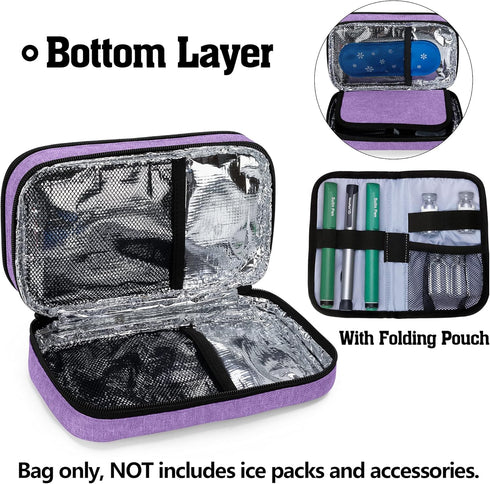 CURMIO Insulated Diabetic Supplies Travel Case, Double Layer Cooler Bag with Detachable Pouches, Purple