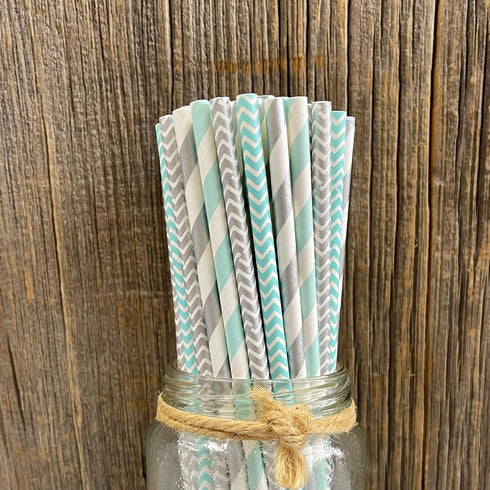 Outside the Box Papers Light Blue and Silver Stripe and Chevron Paper Straws, 7.75 Inches, 100 Pack