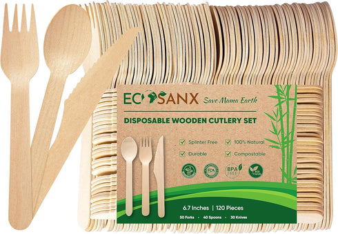 120 PCs Wooden Cutlery Set, 6.5" Compostable Utensils, Biodegradable Bamboo Utensils for Outdoor and Parties