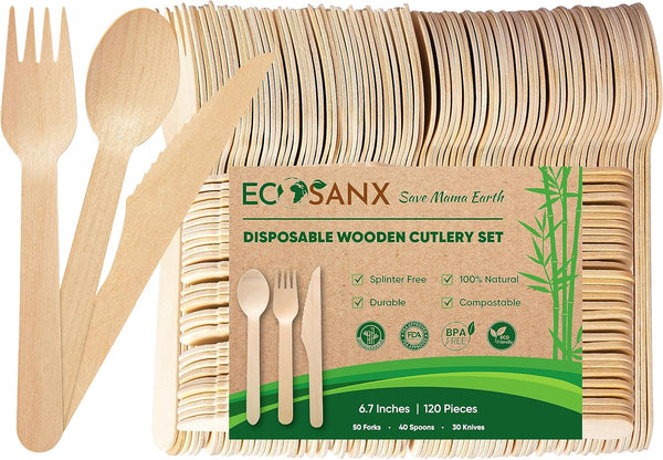 120 PCs Wooden Cutlery Set, 6.5" Compostable Utensils, Biodegradable Bamboo Utensils for Outdoor and Parties