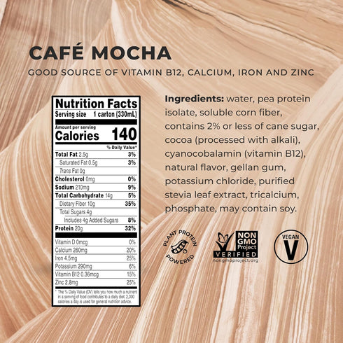 Evolve Plant Based Protein Shake - Café Mocha Flavor with 20g Vegan Protein, Dairy Free, 11oz, 12 Pack