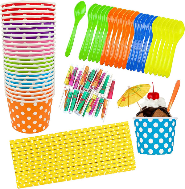 12 Ounce Disposable Paper Treat Cups, Ice Cream Bowls, Plastic Spoons, Paper Straws - Ice Cream Sundae Kit for 24,