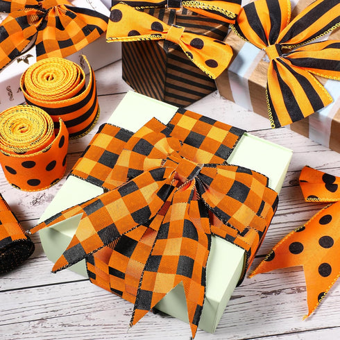 Christmas Burlap Ribbon, 3 Rolls Orange and Black Plaid, 2.5 Inch x 15 Yards for DIY Crafts, Party Decoration