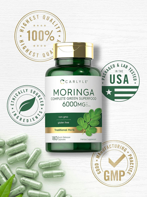 Carlyle Moringa Oleifera | 180 Non-GMO Capsules | Complete Green Superfood from Moringa Leaf Powder