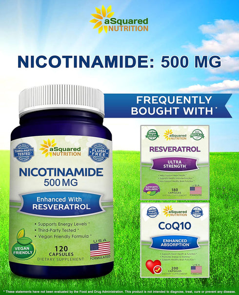 aSquared Nutrition Nicotinamide with Resveratrol, 120 Veggie Capsules, Vitamin B3 500mg, NAD Support
