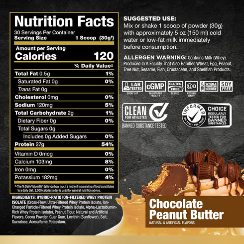 ALLMAX ISOFLEX Whey Protein Isolate, Chocolate Peanut Butter - 2 lb - 27g Protein Per Scoop - Gluten Free, 30 Servings