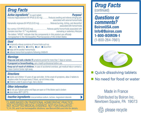 Boiron HemCalm Tablets for Hemorrhoid Relief - 120 Count for Pain, Itching, Swelling