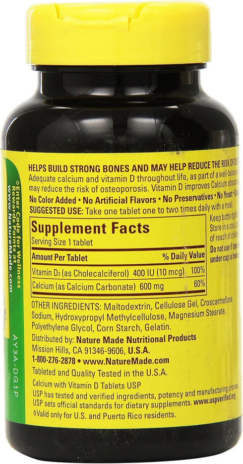 Nature Made Calcium 600 mg with Vitamin D3, 60 Count Tablets, Pack of 3
